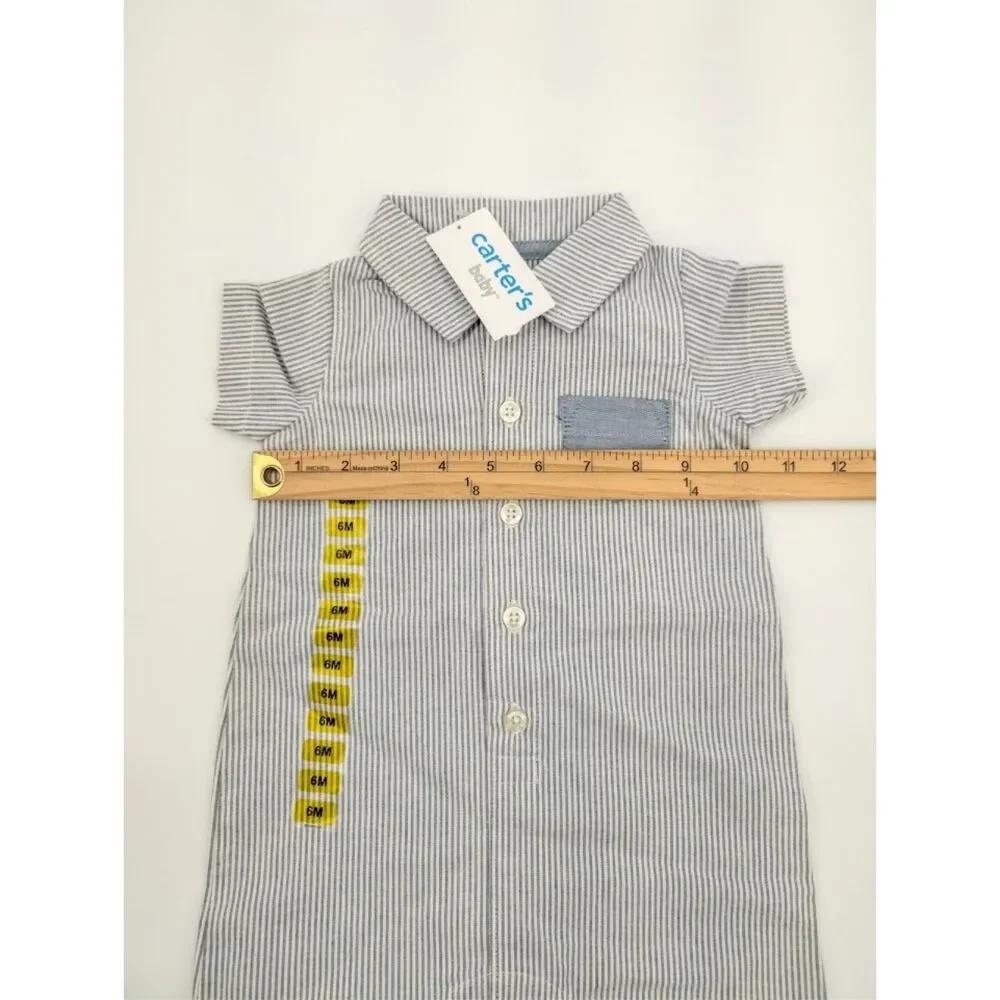 Carters Baby Boy Romper 6M Blue White Striped Oxford 100% Cotton Spring Easter